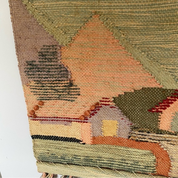 Vintage Handmade Rustic Boho Charming Village Scene Tapestry with Fringe - Picture 14 of 15